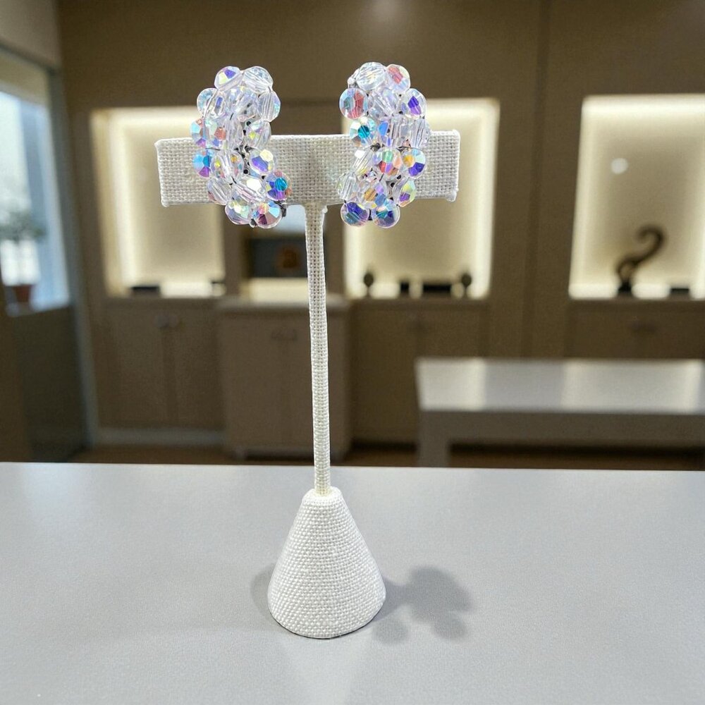 Vintage Iridescent Beaded Clip On Earrings Coquette Retro Statement Glam Sparkle